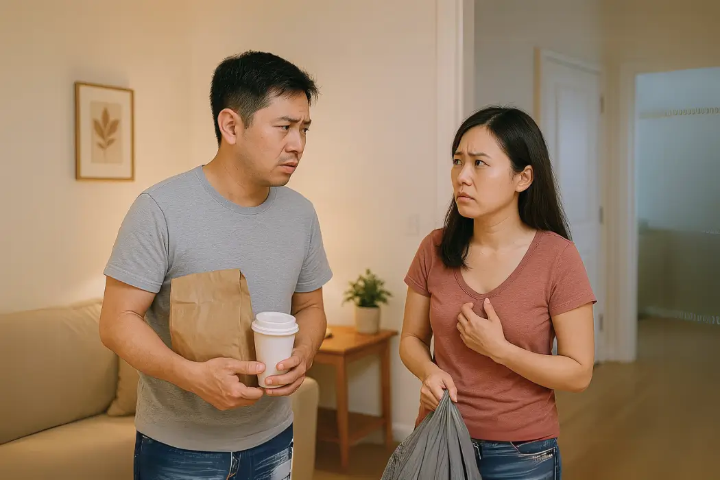 一對夫妻在客廳中因溝通不良而產生誤解，丈夫手提外送食物，妻子手持垃圾袋，雙方表情顯得困惑與不安，呈現夫妻溝通常見問題的生活場景。